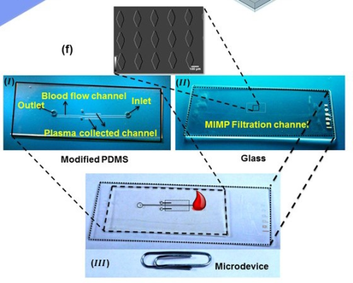 Self driven microfluidic filter for seperating liquid from a liquid including deformable particles (i.e plasma from blood)